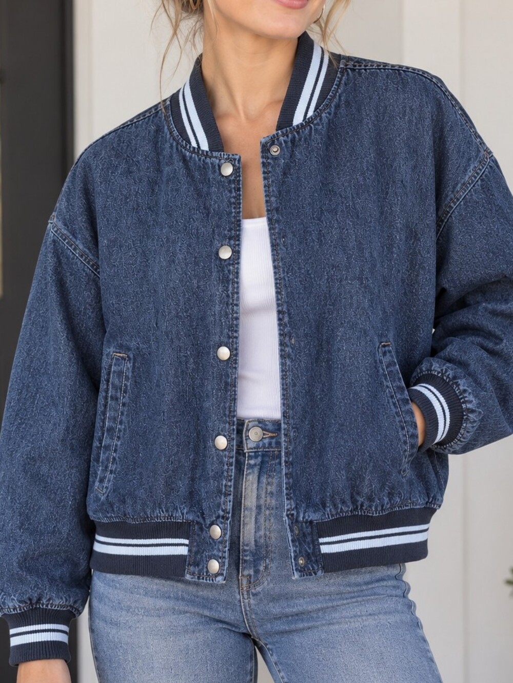 Old Navy Dark Blue Denim Varsity Bomber Jacket with Striped Trim